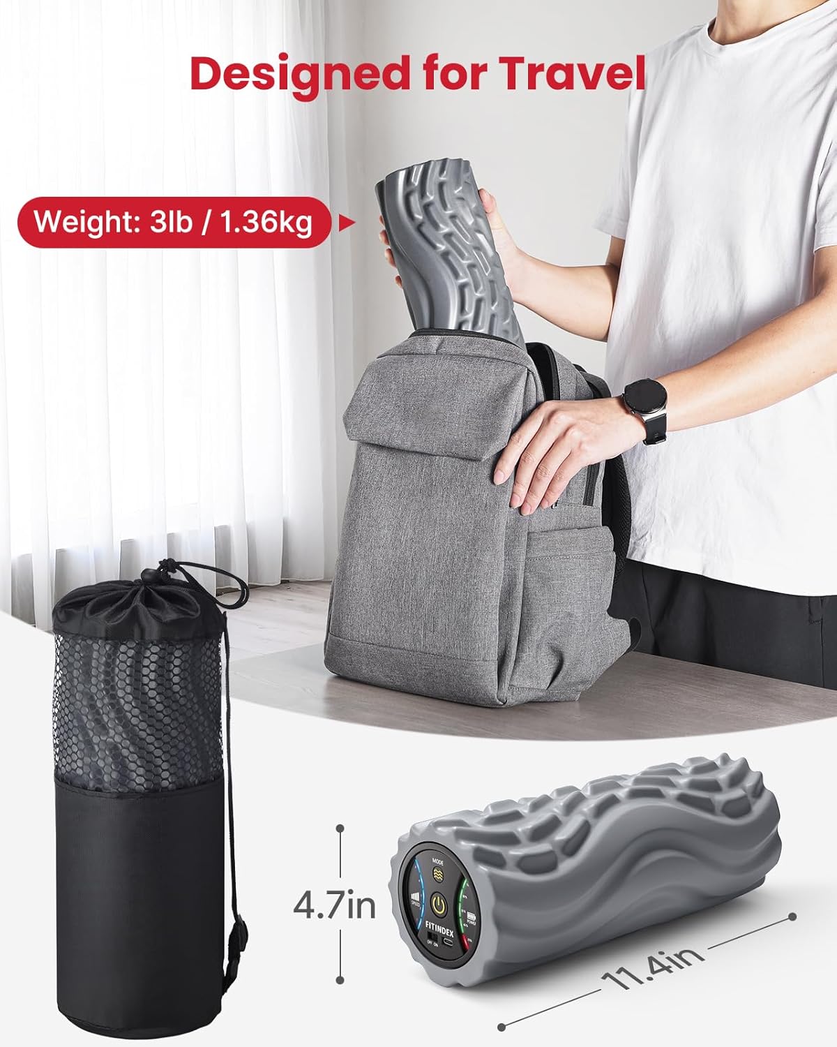 FITINDEX Vibrating Foam Roller for Back Pain, 5-Speed Muscle Massage, FSA HSA Eligible, Exercise, Muscles Deep Tissue, Physical Therapy, Pilates, Yoga, Neck, Leg, Rechargeable, Travel Portable Gray