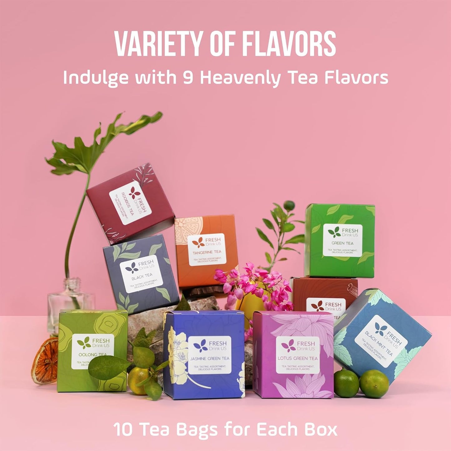 FreshDrinkUS, Premium 90 Tea Bags Sampler Assortment, 9 Different Flavors, 100% Natural Ingredients, Perfect and Well Combination Tea Gift for Tea Lovers, Friends and Family. No Additives, No Gluten, No Sugar, Vegan