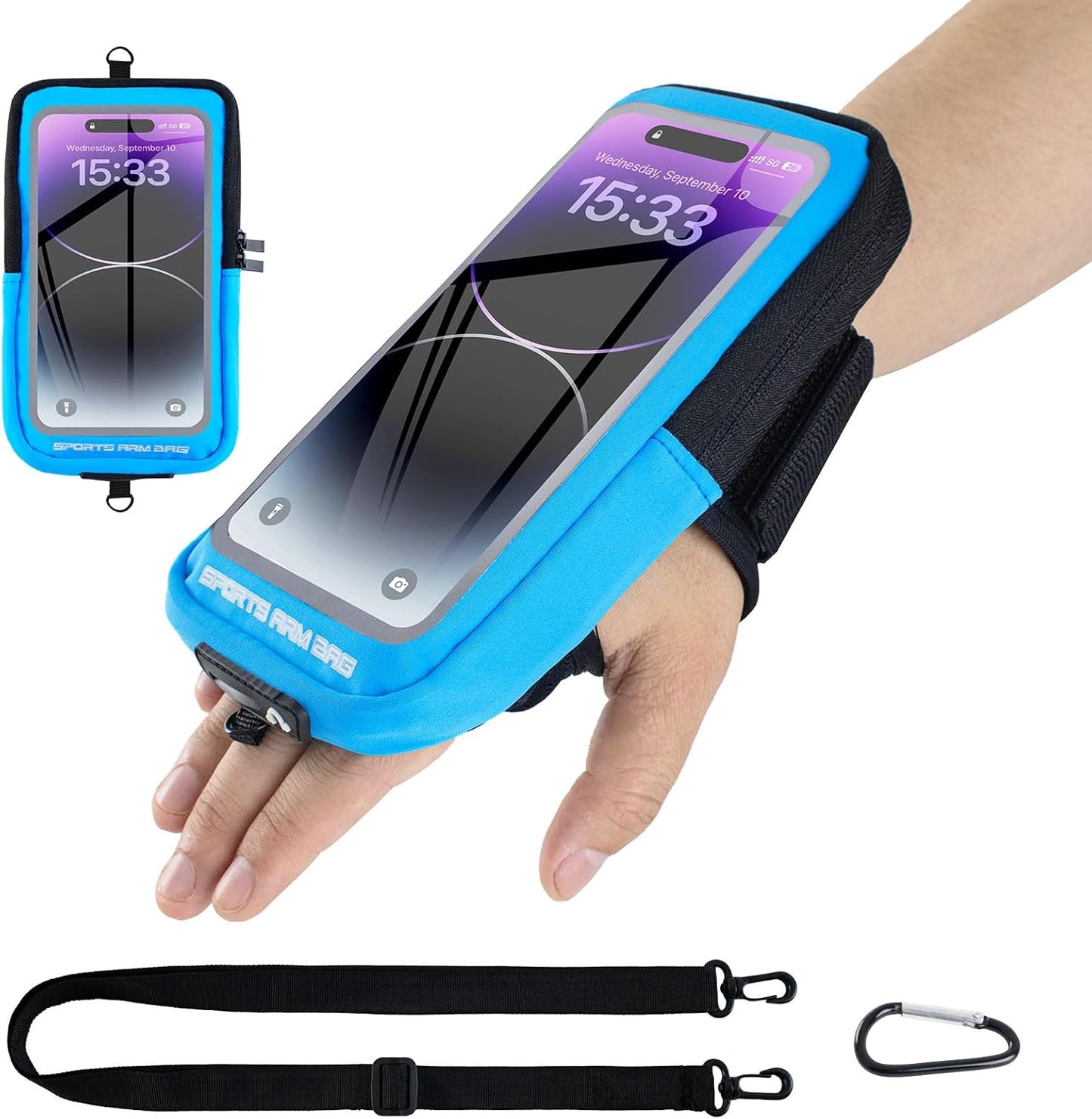Phone Holder for Running, Running Armband Phone Holder with Carabiner, Phone Armbands for iPhone 16 15 14 13 12 11Pro Max & Galaxy S25/S24/S23, Cell Phone Armband Up to 6.8'' Phone (Blue)