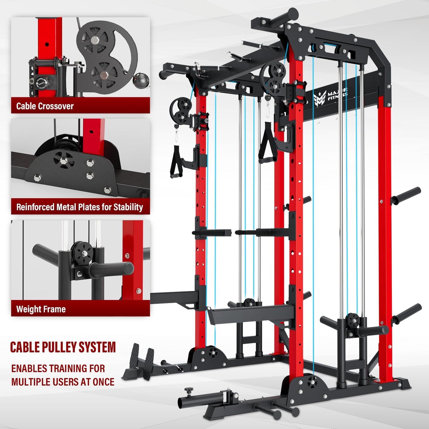 MAJOR FITNESS F22 Multi-Functional Power Rack—1600lbs Capacity All-in-One Squat Rack with Dual Pulley System for Home Gym Strength Training
