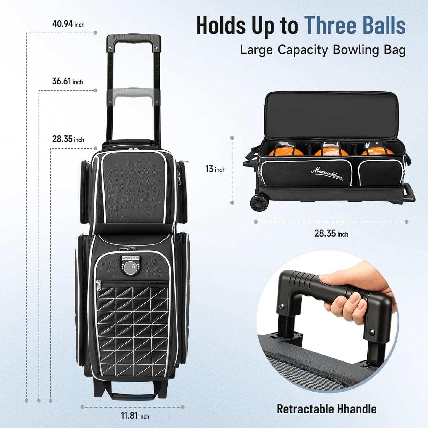 MANUEKLEAR 3 Ball Bowling Bags with Wheels, Bowling Ball Bag 3 Ball Roller with Accessory Pockets and Shoe Compartment
