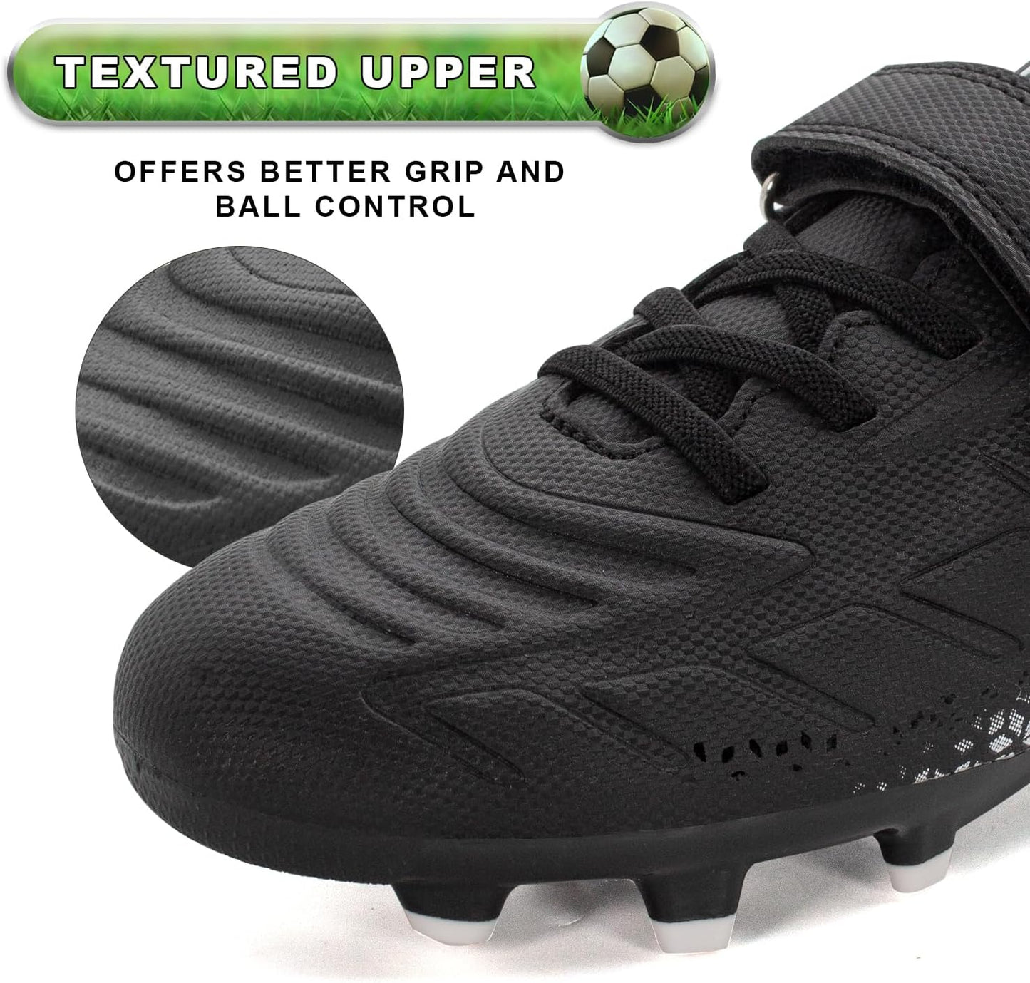 RUNIC Kids Soccer Cleats for Boys and Girls - Small and Big Kid Athletic Outdoor Football Shoes - Firm Ground - Hook and Loop Closure - Black/Gold