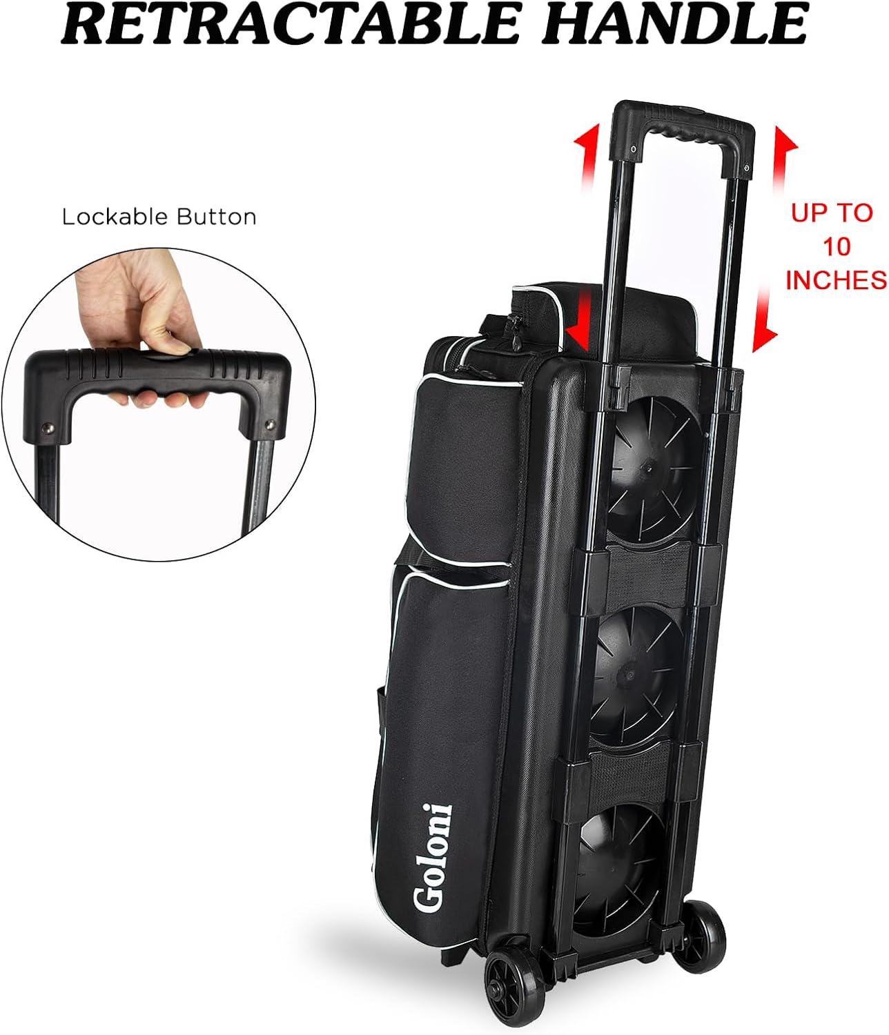 Goloni 3 Ball Bowling Bags with Wheels - Rolling Bowling Bag for 3 Balls & Accessories - Retractable Handle Extends to 38