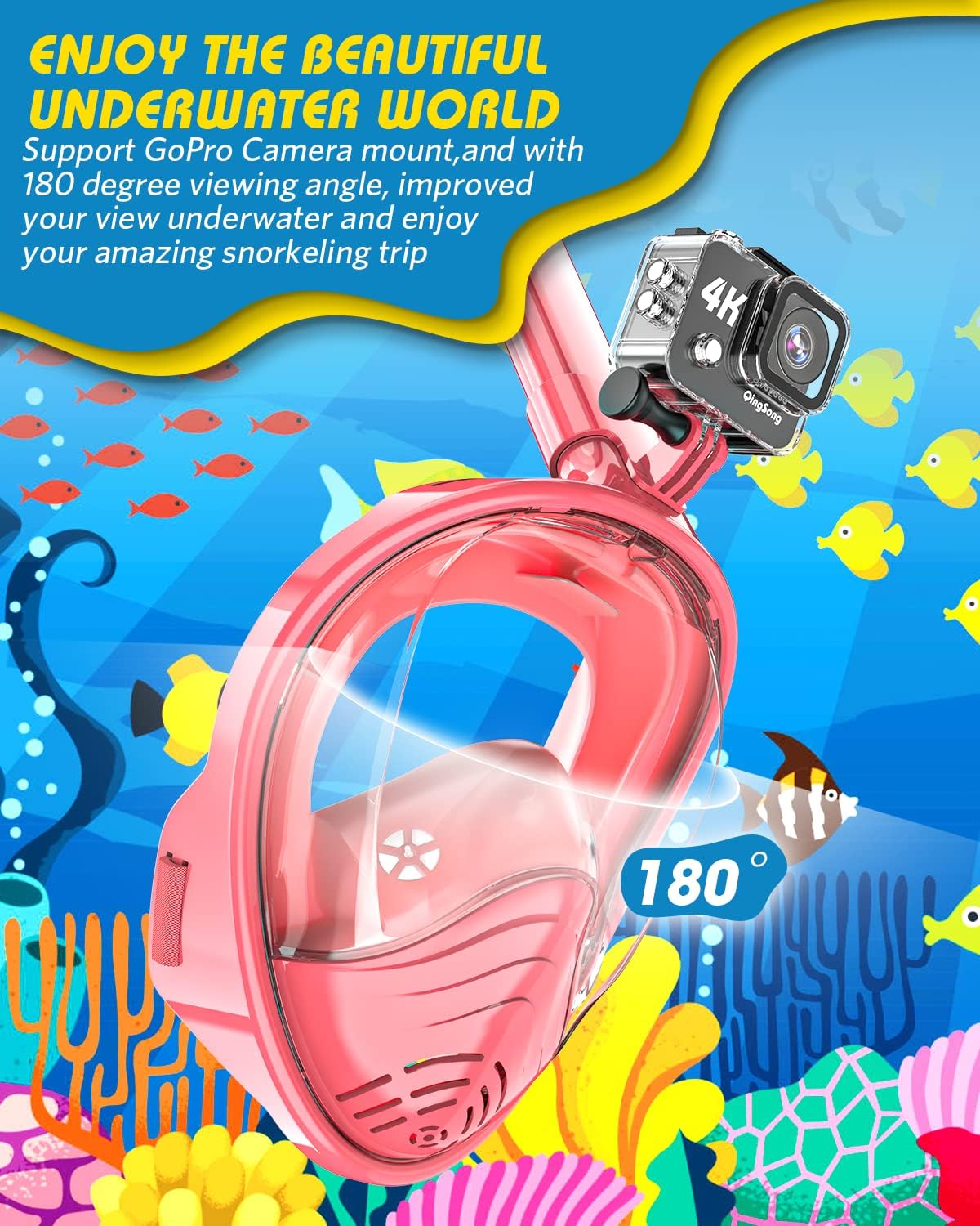 QingSong Kids Snorkel Mask Full Face, Snorkeling Set with Camera Mount, Foldable 180 Degree Panoramic View Snorkeling Gear Anti-Fog Anti-Leak