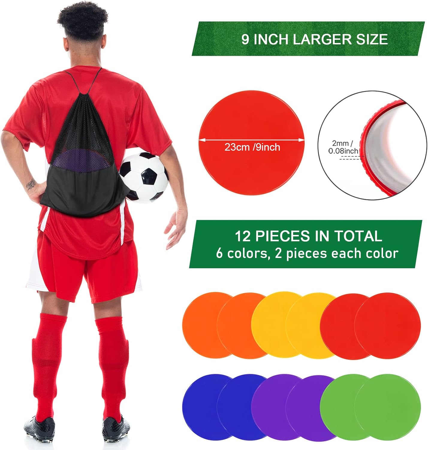 Poly Spots Spot Markers for Gym Floor 9inch 10inch 12/18/24/36 Pcs Flat Cones Non-Slip Rubber Floor Dots Circles for Kids Sports Soccer Basketball Agility Training Dance Classroom