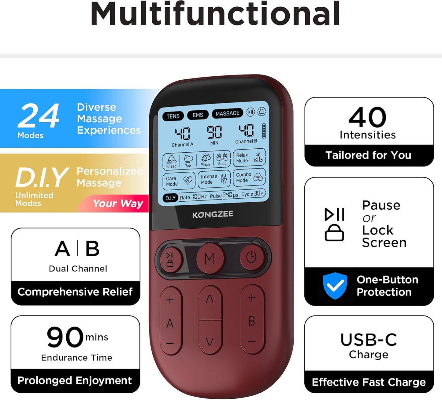 4 in 1 - D.I.Y & Tens Unit & EMS & Massage Muscle Stimulator, Dual Channel TENS Units Therapy Machine for Pain Relief, FDA Cleared Rechargeable Electronic Pulse Massager,with 12pcs Electrode Pads