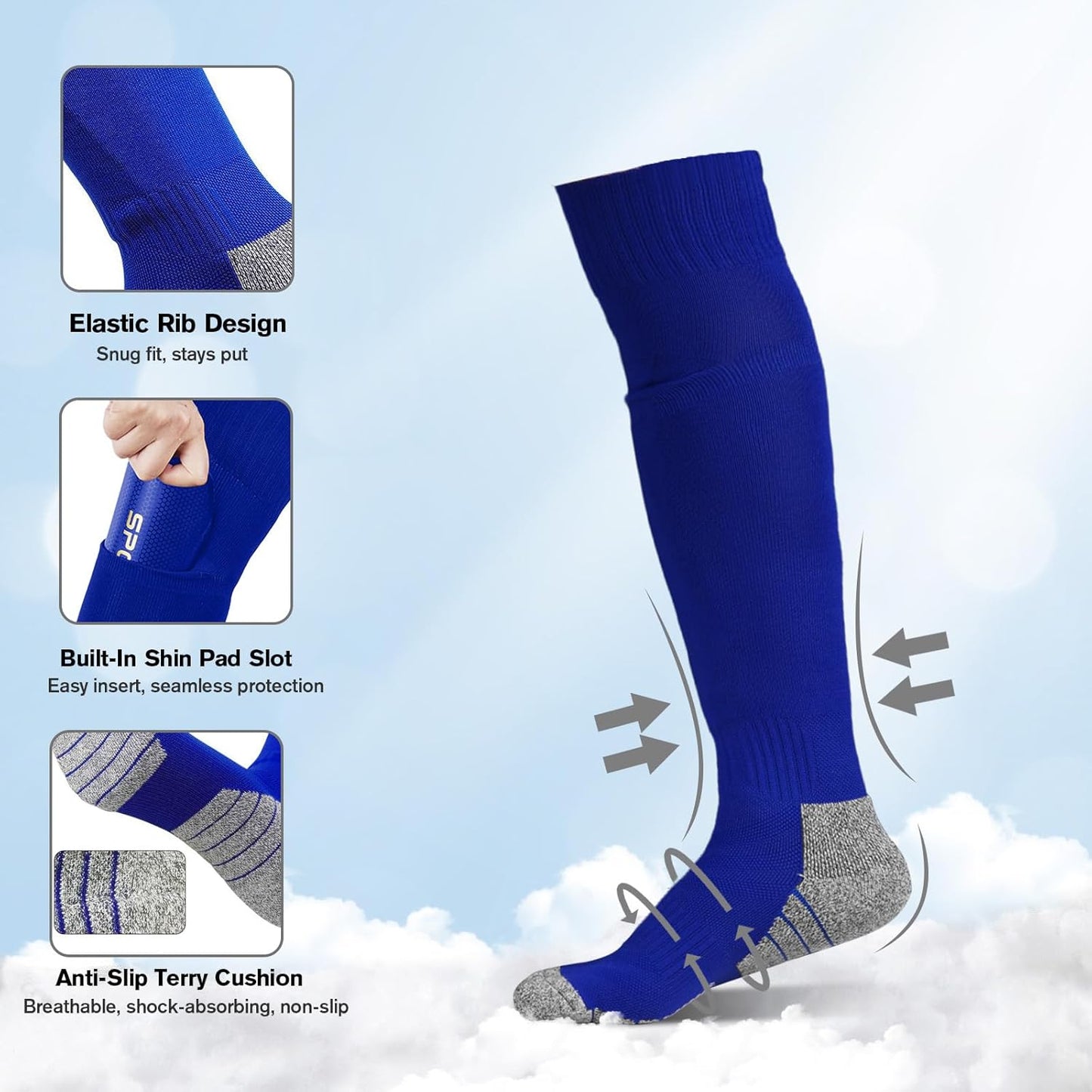 Youth Soccer Shin Guard Socks, Built-in Protective Pads, Kids Knee High Football Athletic Team Socks for Boys Girls