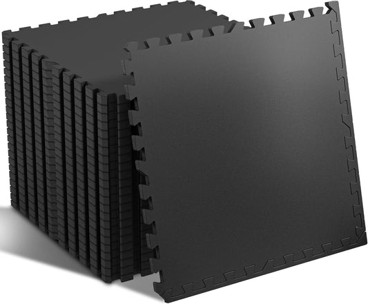 SUPERJARE 0.56'' Thick 24 Pcs 96 Sq Ft Rubber Top Exercise Equipment Mats, High Density EVA Foam Mats with Rubber Top, Interlocking Gym Flooring for Home Gym, Protective Workout Mat, Black