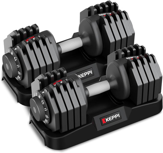Keppi Adjustable Dumbbells Set-25lb/40lb/55lb/60lb, Anti-Slip Metal Fast Adjust Weight Handle, Exercise & Fitness for Full Body Workout - Adjustable Dumbbell Series