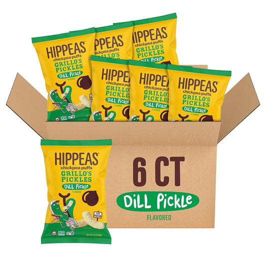 Hippeas Chickpea Puffs, Grillo's Dill Pickle, 3.75 Ounce (Pack of 6), 3g Protein, 2g Fiber, Vegan, Gluten-Free, Crunchy, Plant Protein Snacks