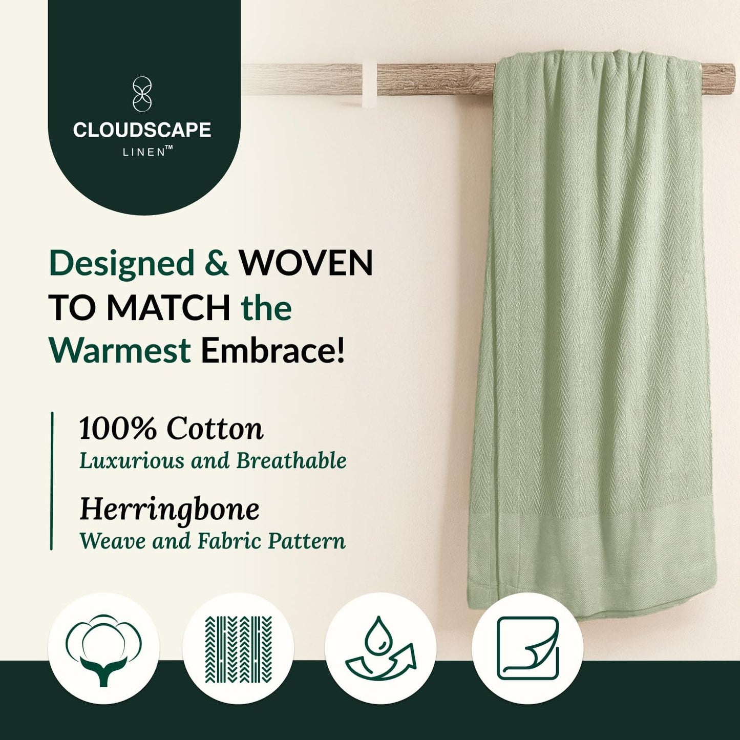 Cloud Scape Linen 100% Cotton Queen Size Blanket, Herringbone Pattern, Lightweight Summer Blanket,Best Gifts for Women, fits Full Size Bed, 92 x 92, Seafoam Green