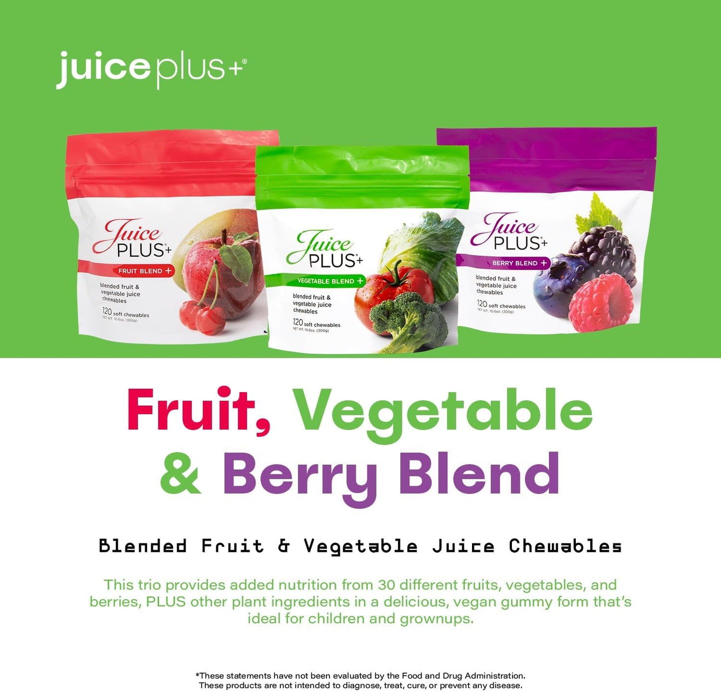 Juice Plus+ Fruit, Vegetable & Berry Blend Soft Chews (Chewables) - 30 Plant-Based Ingredients! Vegan Gummies for Kids & Adults - Gluten-Free, Non-GMO - Prepacked 3 Pouches - 30 Adult Servings Each