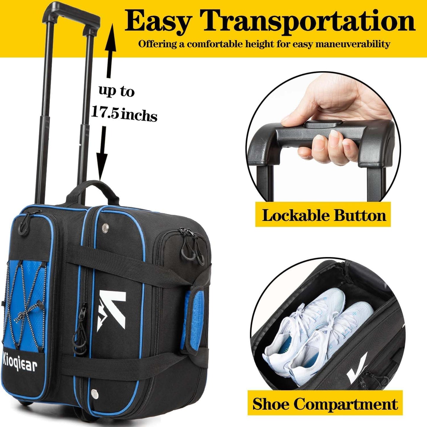 Double Roller 2 Ball Bowling Bag with Large Separate Shoe Compartment and Oversized Accessory Pocket, 36" Extendable Handle.