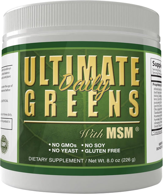 Ultimate Greens with MSM Powder, Vegan Friendly Natural Ingredients Gluten Soy Free NO GMO Superfood Vegetable Nutritional Drink Alkalizing Energy 8oz 1 Pack (1 Month Supply)