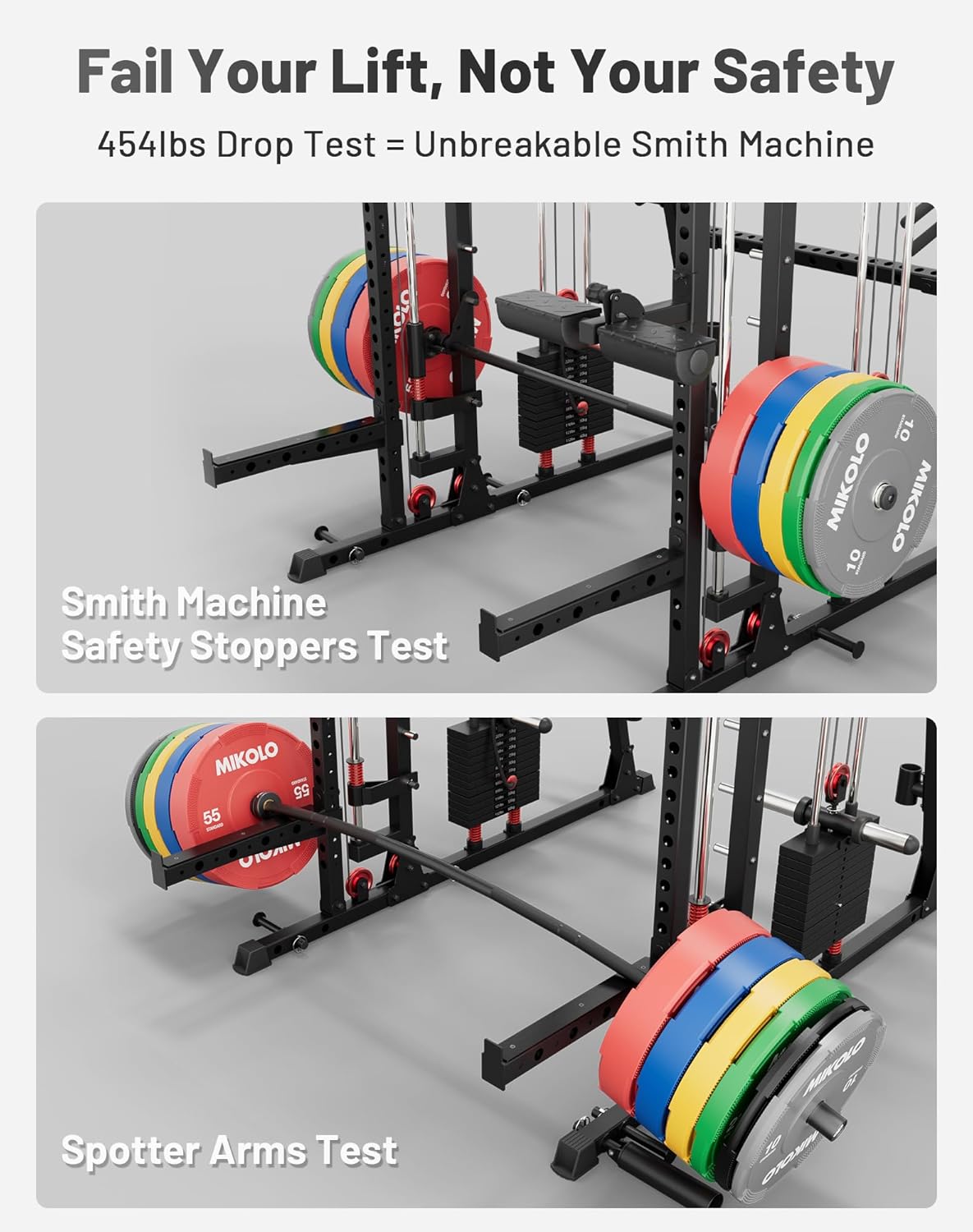 Mikolo Smith Machine, 2200lbs Squat Rack with LAT-Pull Down System & Cable Crossover Machine, Training Equipment with Leg Hold-Down Attachment