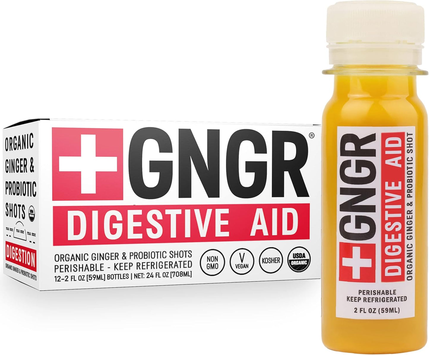 +GNGR Digestive Aid Organic Ginger Shots with Probiotics, Gut Health, Colon Cleanse, Bloating Relief, Gut Detox, Immunity Shots with Ginger Juice, Turmeric, Black Pepper. (2 Oz, Pack of 12)