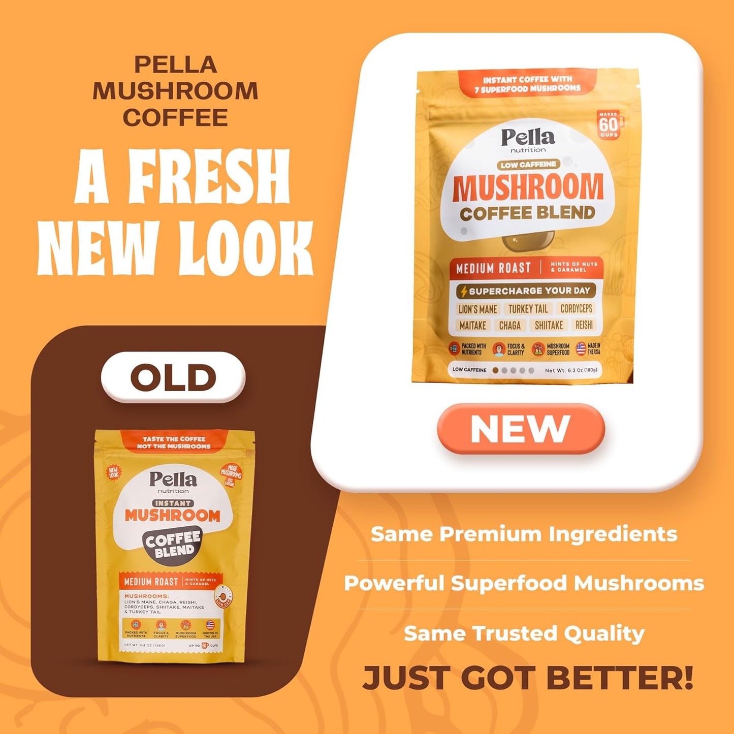 Organic Low-Caffeine Mushroom Coffee (60 Servings) with 7 Superfood Mushrooms, Great Tasting Instant Coffee, Includes Lion's Mane, Reishi, Chaga, Cordyceps, Shiitake, Maitake, and Turkey Tail