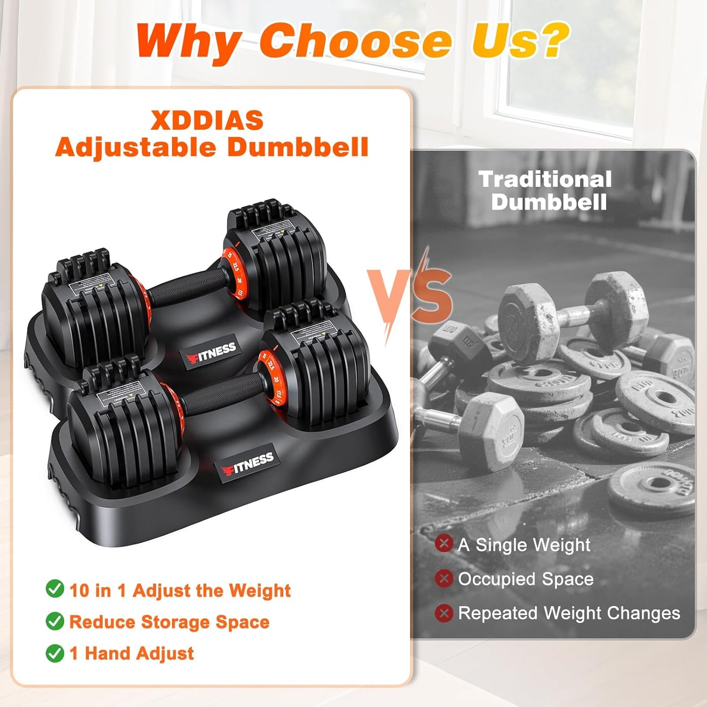 XDDIAS Adjustable Dumbbell Set of 2-25LB/55LB Set-1Sec Adjustable Dumbbell Weights-5 in 1 Free Weights Dumbbells Set with Effortless Tray/No-Slip Handle-Compact Size for Women/Men at Home Gym