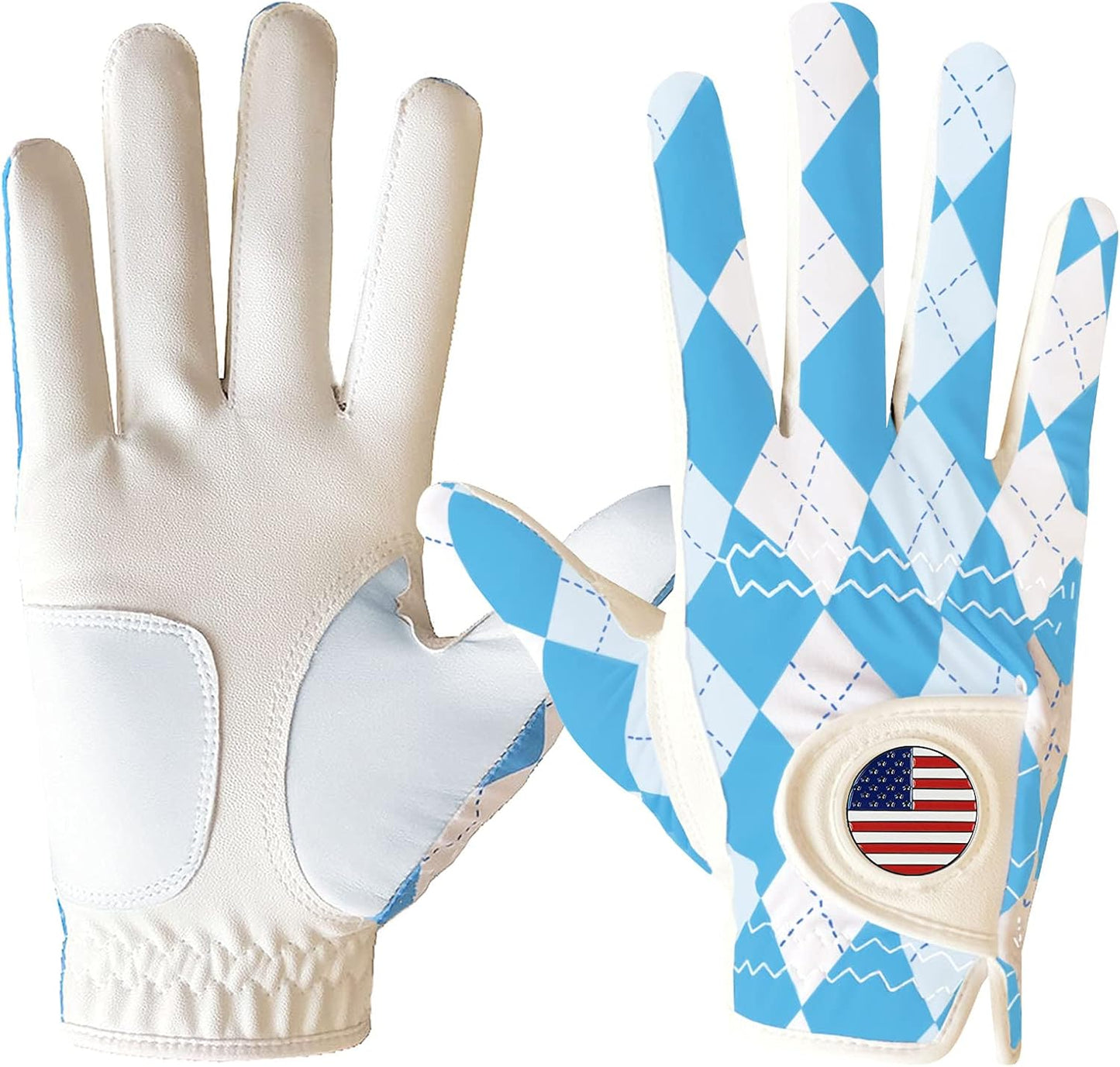 FINGER TEN Golf Gloves Men Left Hand Right with Ball Marker USA Flag Blue Camo Plaid Pack, Mens Leather Golf Glove All Weather Grip Small Medium ML Large XL
