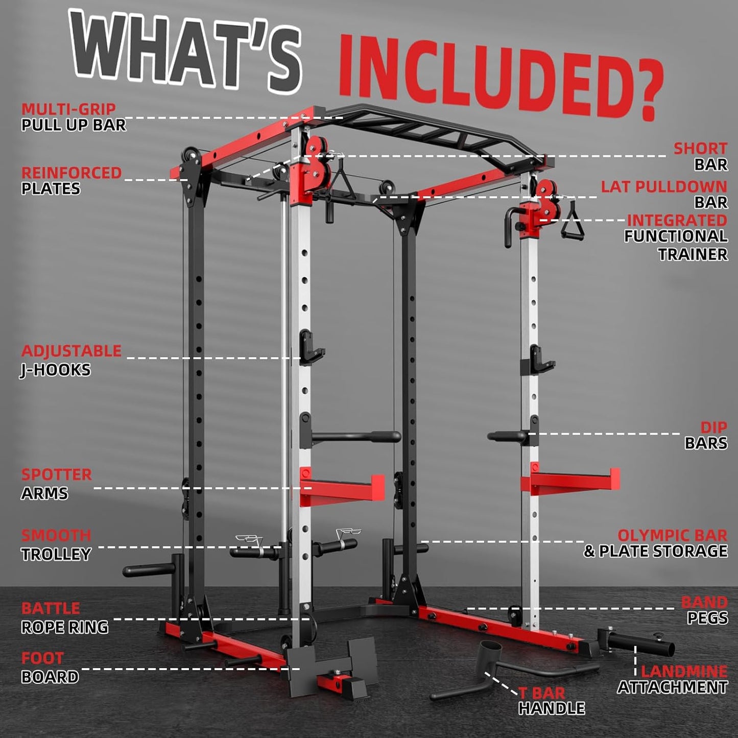 Smith Machine, Power Rack with LAT Pulldown System, Power Cage with Cable System, Squat Rack for Home Gym with Chest Press Machine, Spotter Arms, Leg Curl Attachment and More