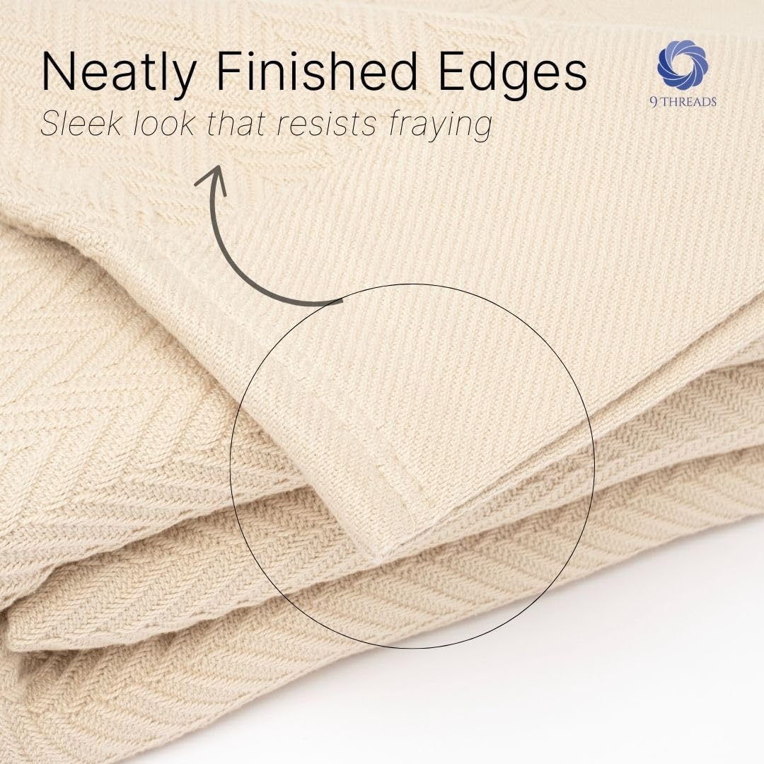 Queen Size Multipurpose Blanket, 100% Extra Long Staple Cotton, Soft & Breathable Herringbone Weave, Beige, Lightweight, Machine Washable, All-Season Throw Blanket for Bedroom & Travel