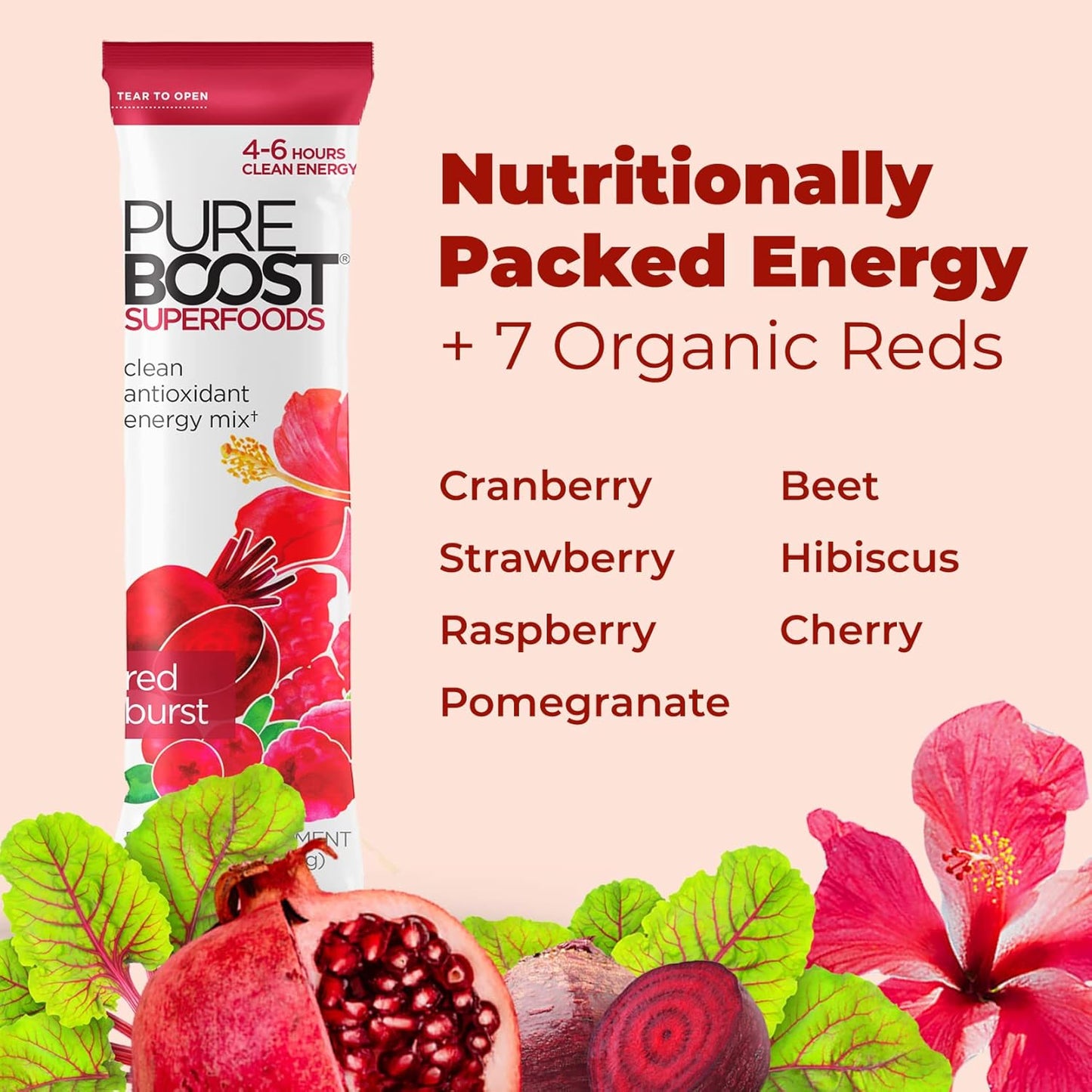 Pureboost Superfoods Clean Energy Booster, Refreshing Energy Drink Mix with 7 Organic Red Superfoods; Beet, Hibiscus, Pomegranate and Vitamins. Sugar-Free, No Sucralose (Red Burst, 30 Count)