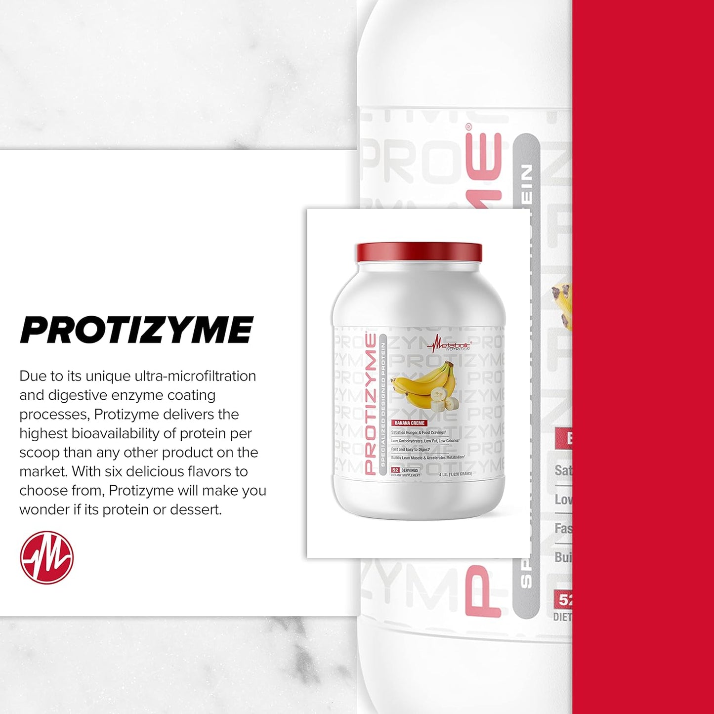Metabolic Nutrition, Protizyme, 100% Whey Protein Powder, High Protein, Low Carb, Low Fat Whey Protein, Digestive Enzymes, 24 Essential Vitamins and Minerals, 4 Pound (52 ser)
