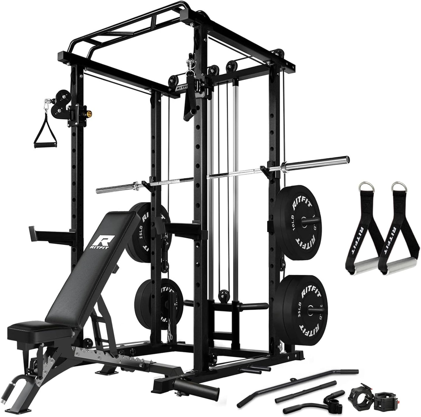 RitFit Multi-Function Squat Rack Power Cage PPC03 with Cable Crossover System, 1000LBS Capacity Power Rack and Packages with Optional Weight Bench, Barbell Weight Set, for Garage Workout & Home Gym