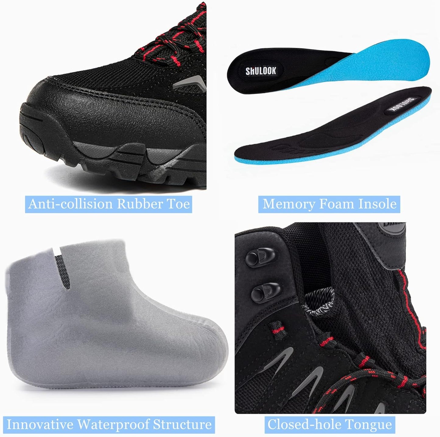 SHULOOK Men's Waterproof Hiking Boots Non-Slip Lightweight Mid Top Ankle Boot Breathable Hiker Trekking Shoes