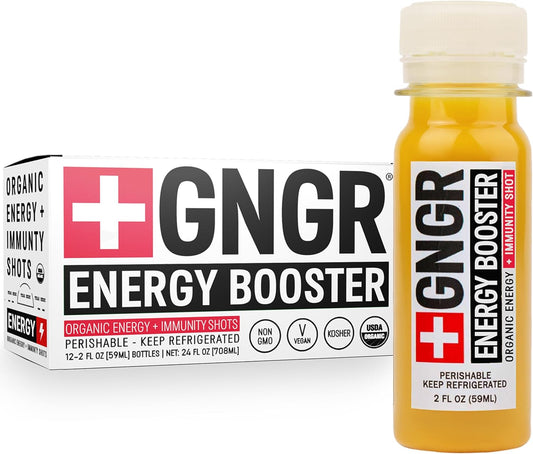 +GNGR Energy Booster & Immunity Shot, Cold-Pressed Ginger Shots with Lions Mane, 75mg of Natural Caffeine Green Tea, Turmeric Root, Vitamin D & Zinc for All Natural Immune Support (2 Oz, Pack of 12)
