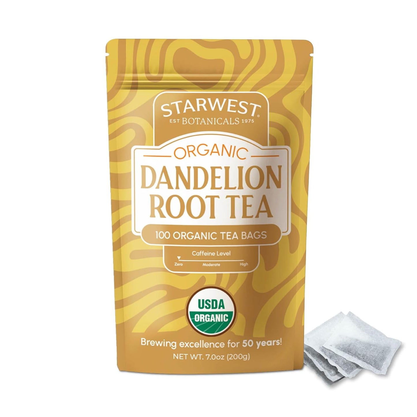 Starwest Botanicals Organic Dandelion Root Tea - Cleansing Herbal Tea, Caffeine Free, Natural Elimination Support, USDA Organic Dandelion Root Roasted, Non GMO - Bulk Pack, 100 Tea Bags