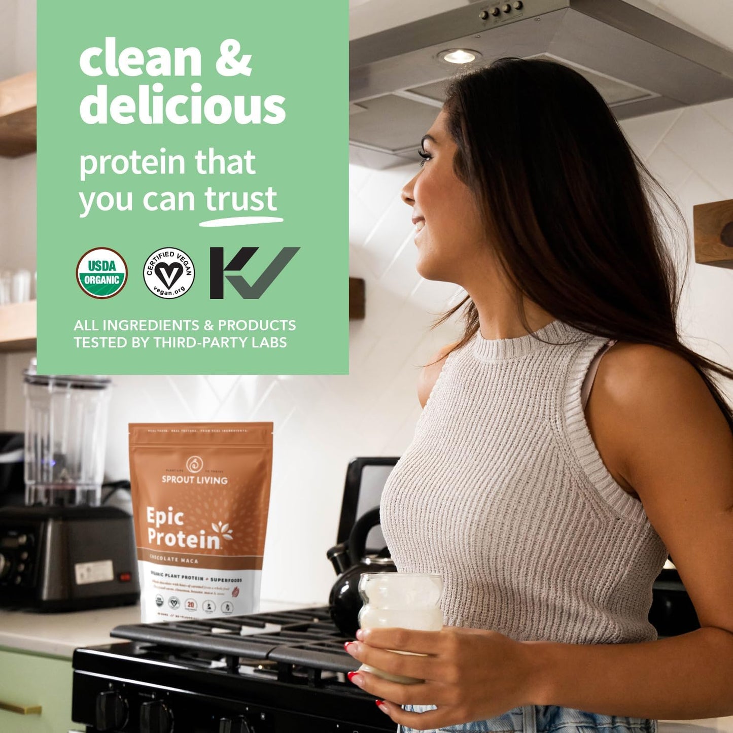 Sprout Living Epic Protein, Plant Based Protein & Superfoods Powder, Chocolate Maca Powder | 20 Grams Organic Protein Powder, Vegan, Non Dairy, Non-GMO, Gluten Free, Low Sugar (1 Pound, 12 Servings)