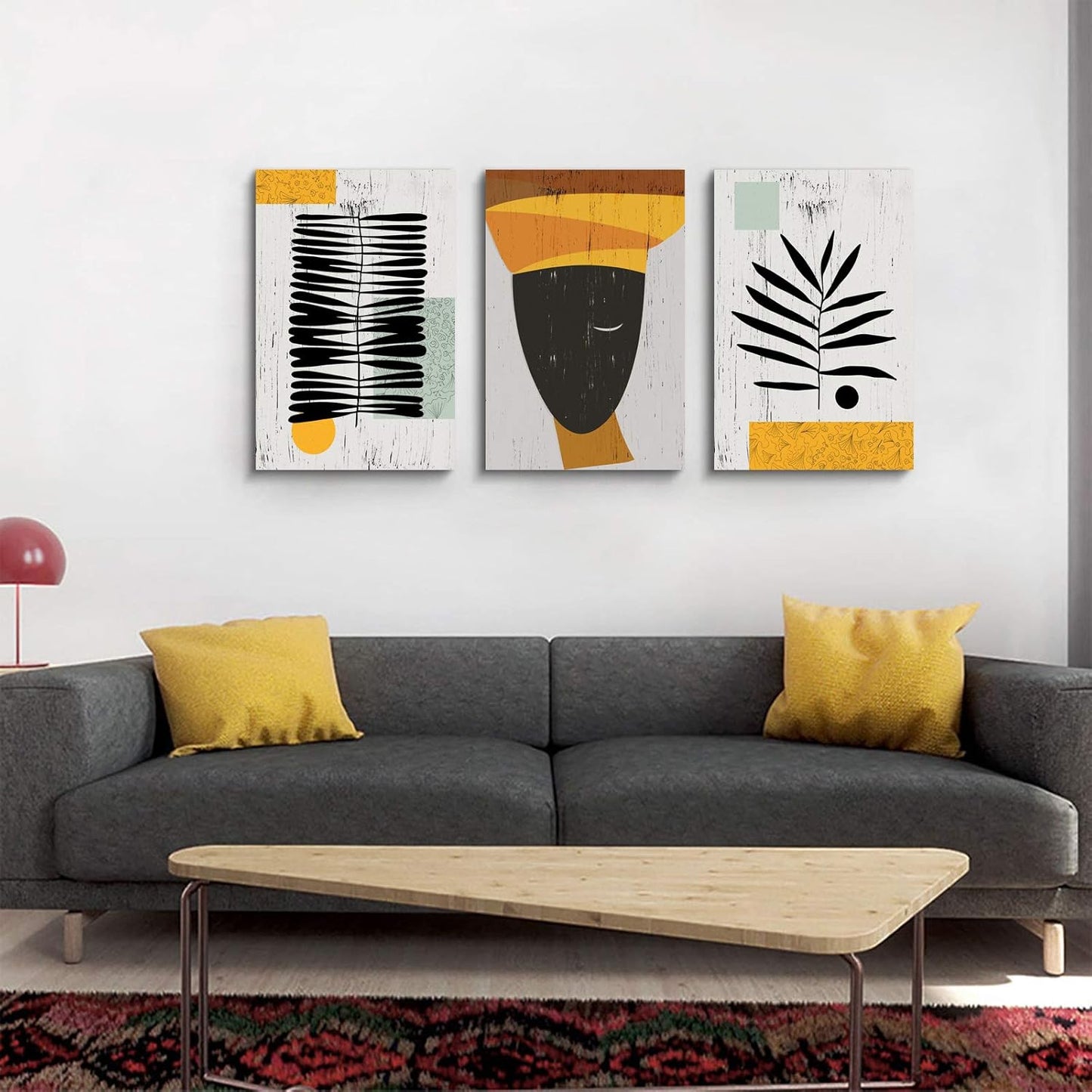 Framed Canvas Wall Art African Ethno Motive Wall Art Set, Abstract Ethno Art, African American Woman Portrait, Black Orange Print, Contemporary Collage, Minimalist (A-3pcs,16x24inchx3pcs)