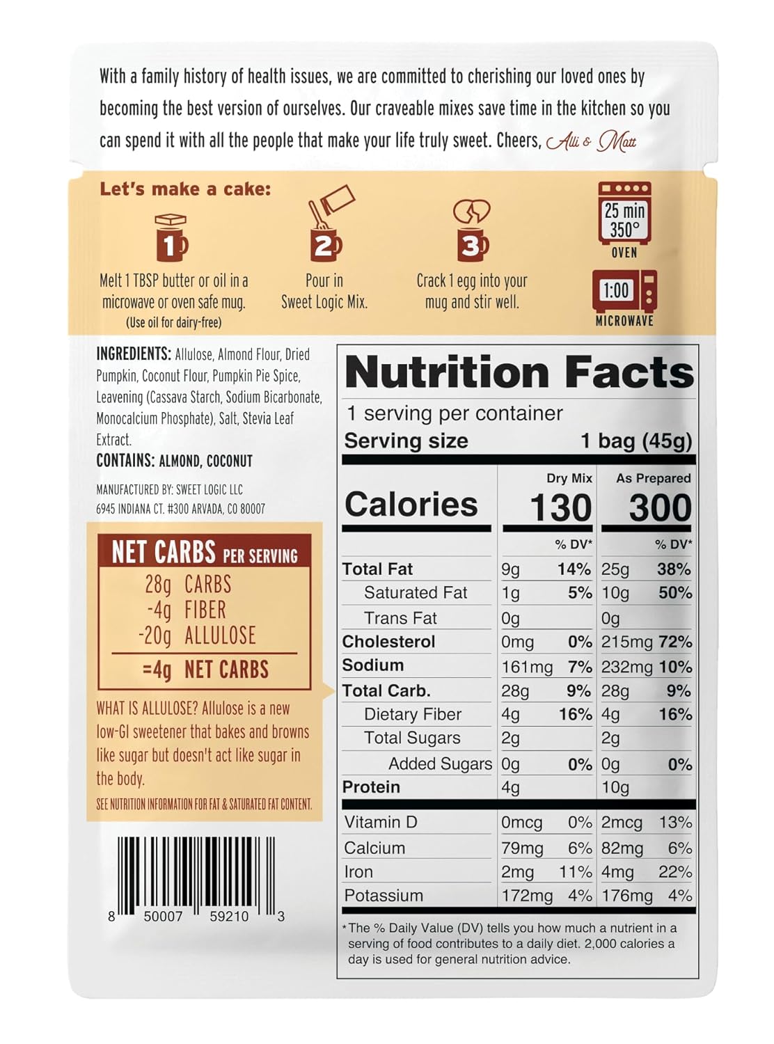 SWEET LOGIC Keto Dessert Mug Cake Mixes - Refined Sugar Free Gluten Free Keto Snack - 4 Keto Mug Cake Mixes - Pumpkin Spice - Diabetic Friendly Keto Sweets and Treats