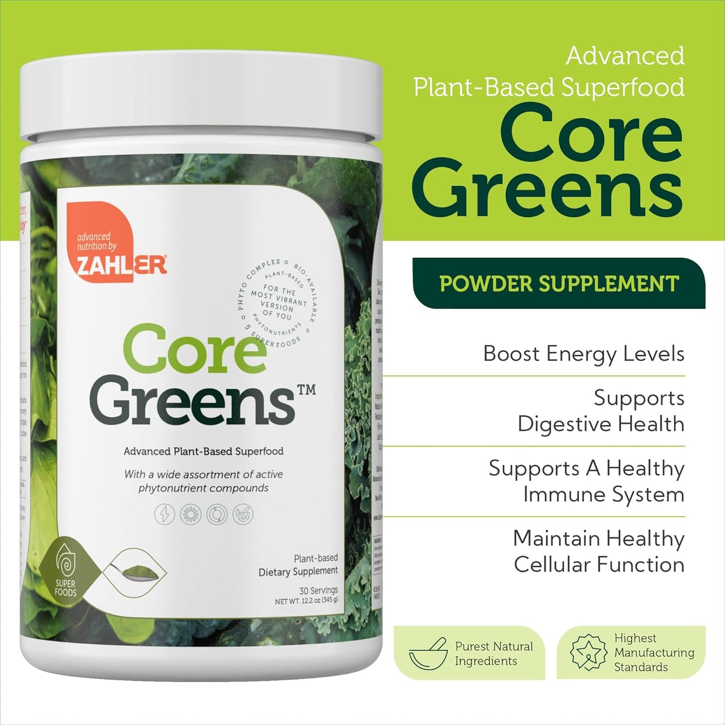 Zahler Core Greens Powder Nutrition Supplements - Superfood Powder - Super Green Juice & Smoothie Mix - Phytonutrient Rich with Spirulina, Chlorophyll & More - Kosher Superfood