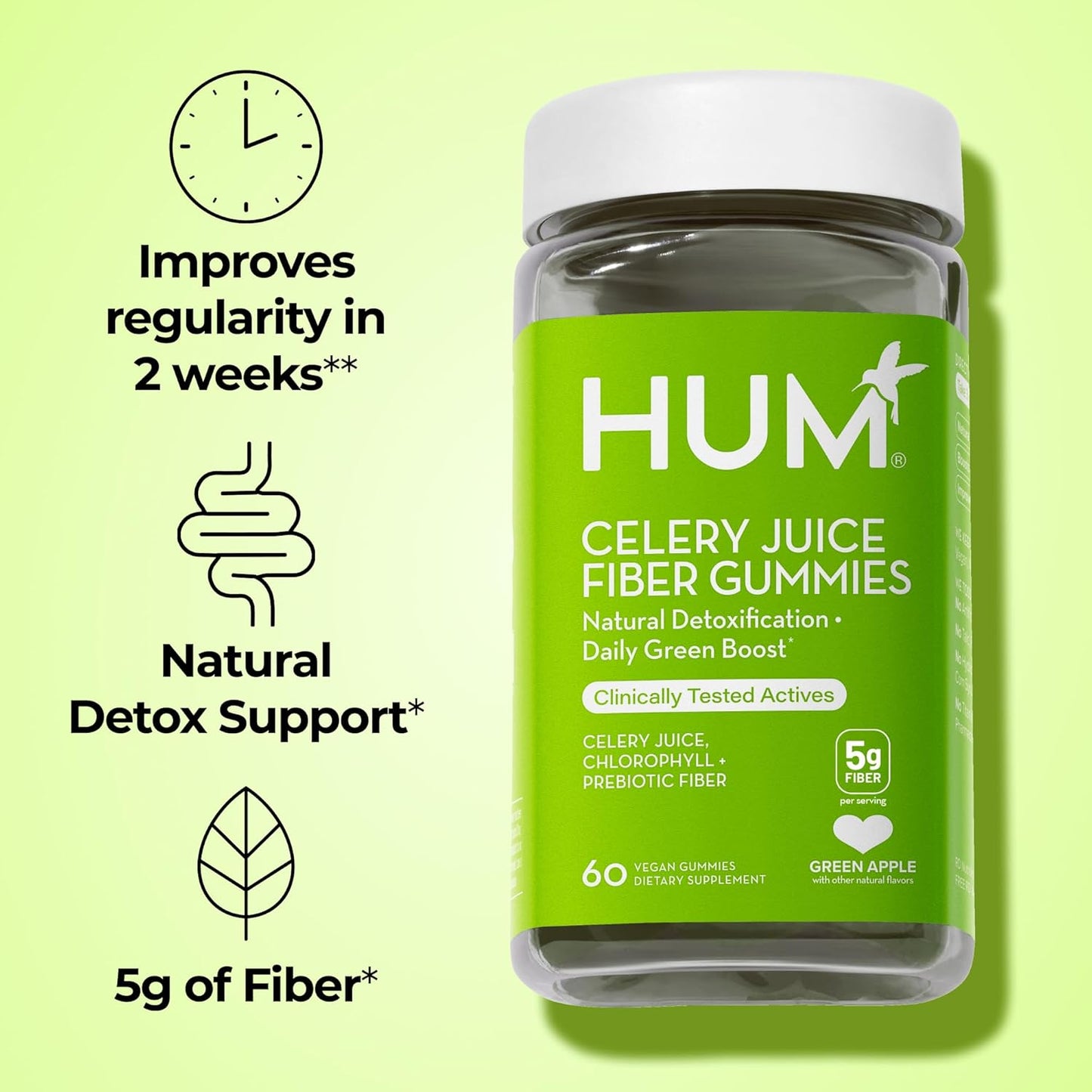 HUM The First Prebiotic Celery Juice Fiber Gummies, Supports Detoxification, A Daily Green Boost Includes Celery Juice, Chlorophyll, Prebiotic Fiber (60-Count)