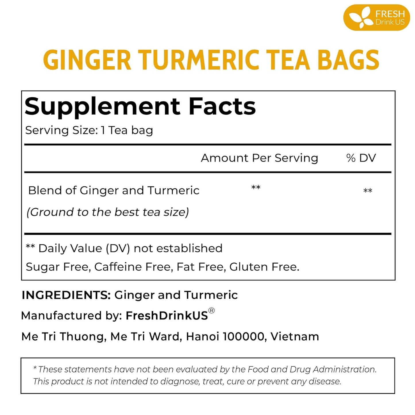 FreshDrinkUS, Premium 135 Turmeric Ginger Tea Bags, 100% Natural Ingredients, Hand-made Blend of Turmeric and Ginger Herbal Tea, Eco-conscious Tea Bags. No Sugar, No Caffeine, No Gluten, Vegan.