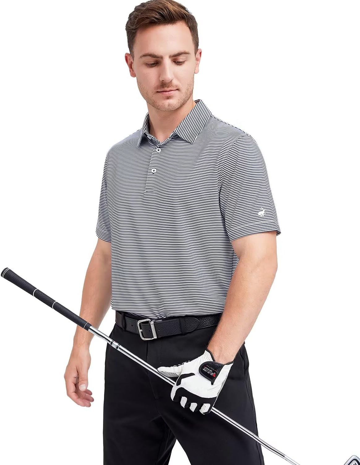 Mens Golf Shirt Moisture Wicking Dry Fit Performance Sport Short Sleeve Striped Golf Polo Shirts for Men