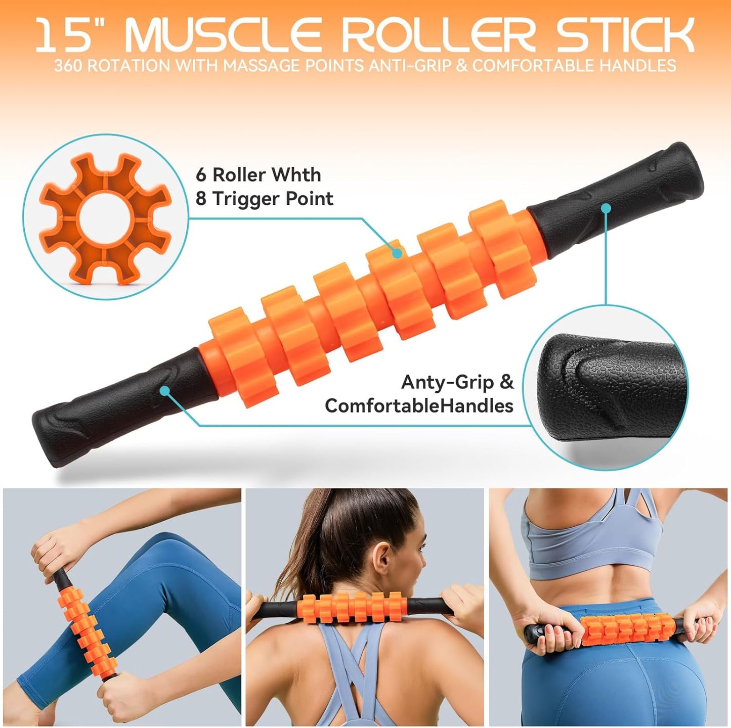5 in 1 Foam Roller High Density Foam Roller Set for Deep Tissue Muscle Massage, 18" Trigger Point Fitness Exercise Massage Roller, Self-Myofascial Release for Whole Body (Orange)