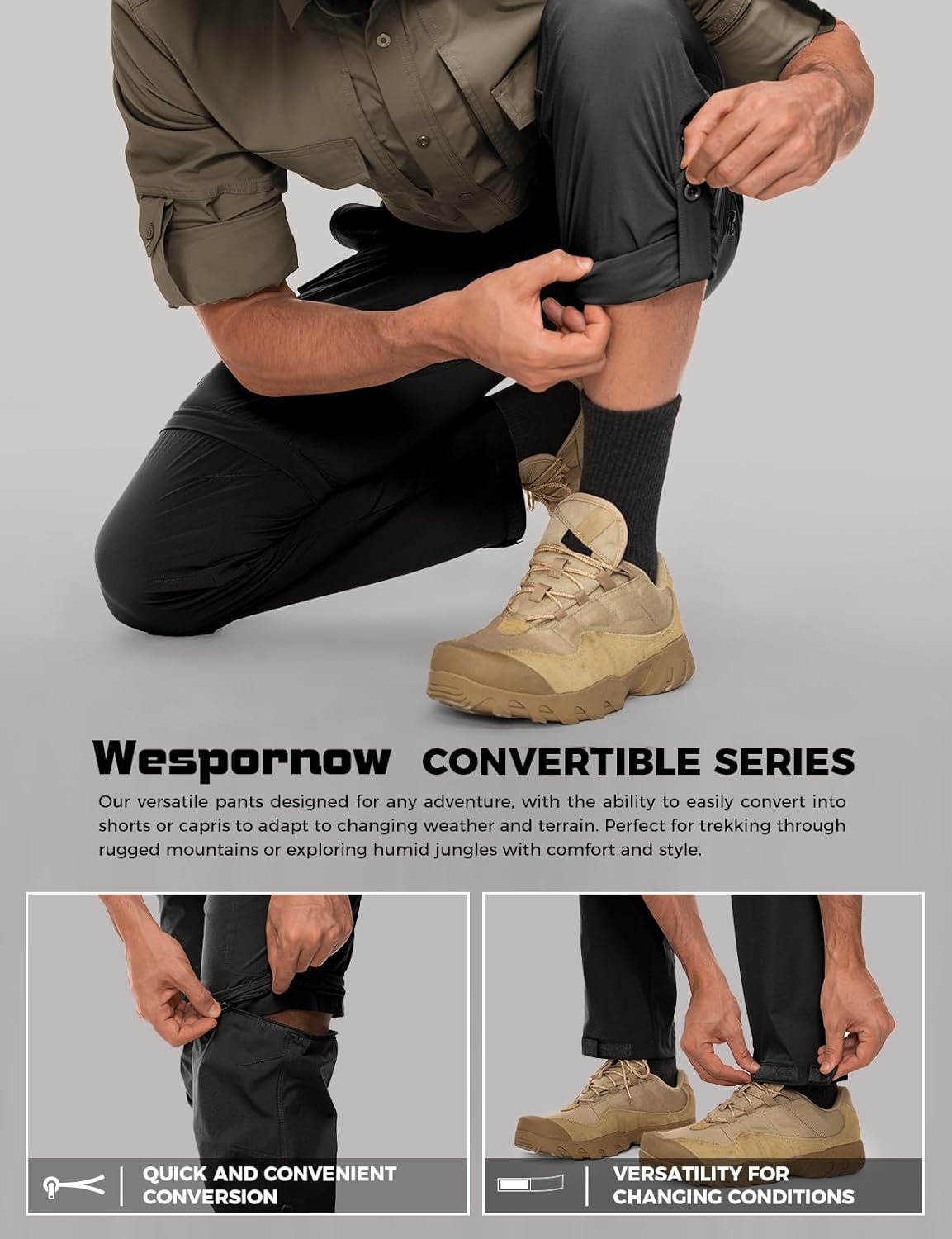Wespornow Men's-Convertible-Hiking-Pants Quick Dry Lightweight Zip Off Breathable Cargo Pants for Outdoor, Fishing, Safari