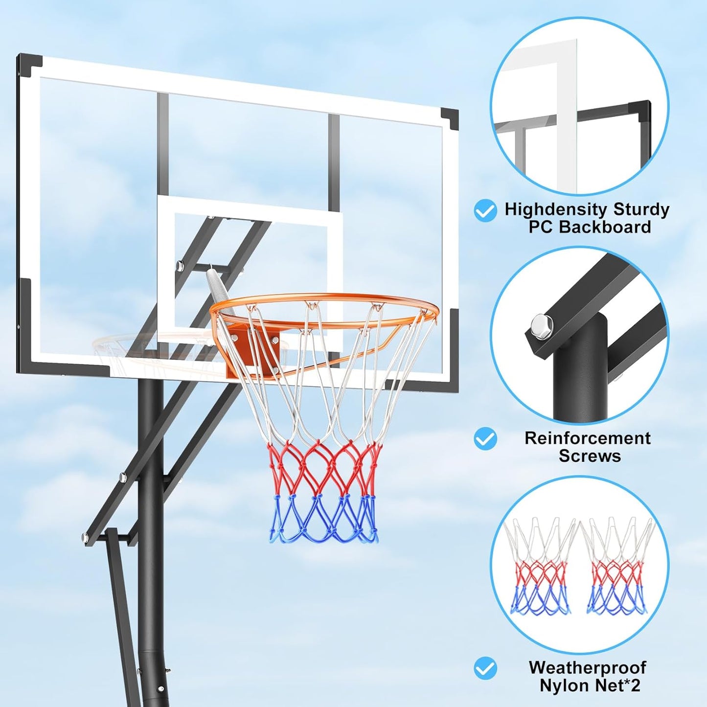 10FT Basketball Hoop Adjustable Easily, Portable Hoops & Goals Outdoor Basketball Goal System with PC Backboard and Wheels for Teens Youth Adults