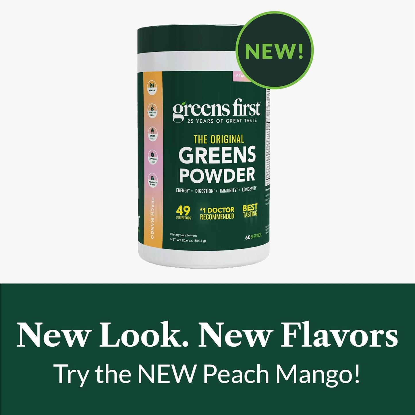 Greens First Original Greens Powder - 49 Superfoods - Organic Fruits & Veggies - Prebiotics, Probiotics & Digestive Enzymes - Antioxidant Smoothie - Dairy Free/Vegan/Non-GMO (Peach Mango, 60 Servings)