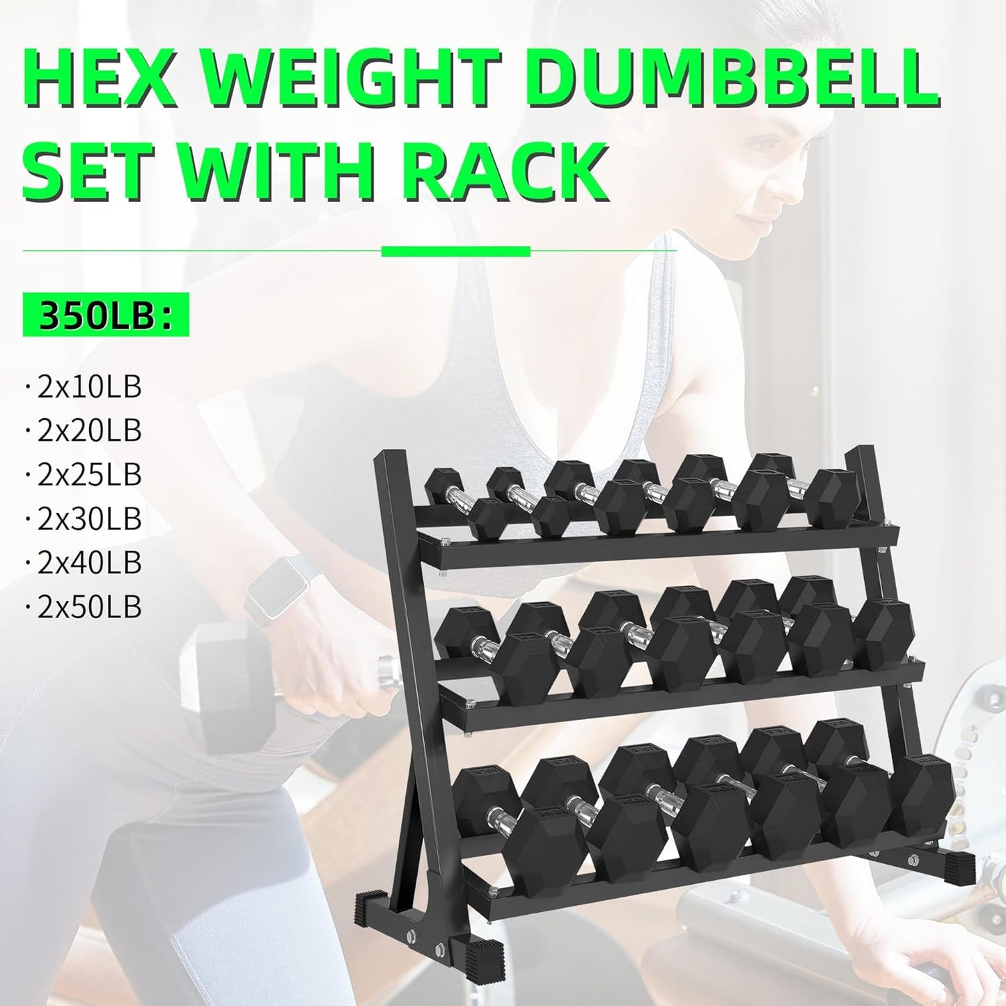 Ritafer Hex Weight Dumbbell Set with Rack Hand Weights for Strength Training Rubber Coated Dumbbells for Home Gyms Exercise & Fitness Training Muscle 5/10/15/20/25/30/35/40/45/50 lbs
