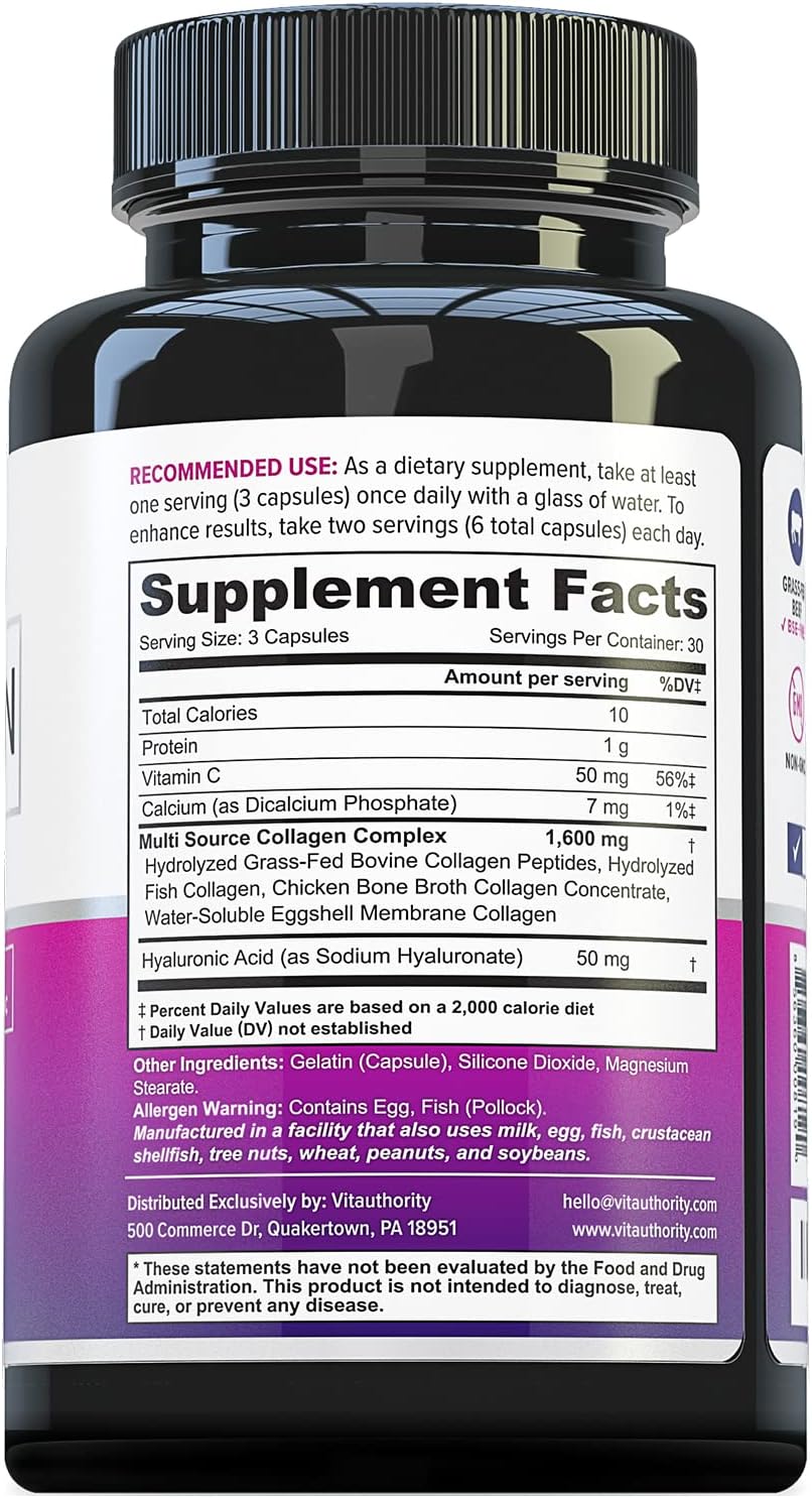 Multi Collagen Peptides Capsules for Women - Hydrolyzed Collagen for Women Pills with Types I II III V & X Plus Vitamin C & Hyaluronic Acid for Beautiful Hair Skin and Nails - 30 Servings