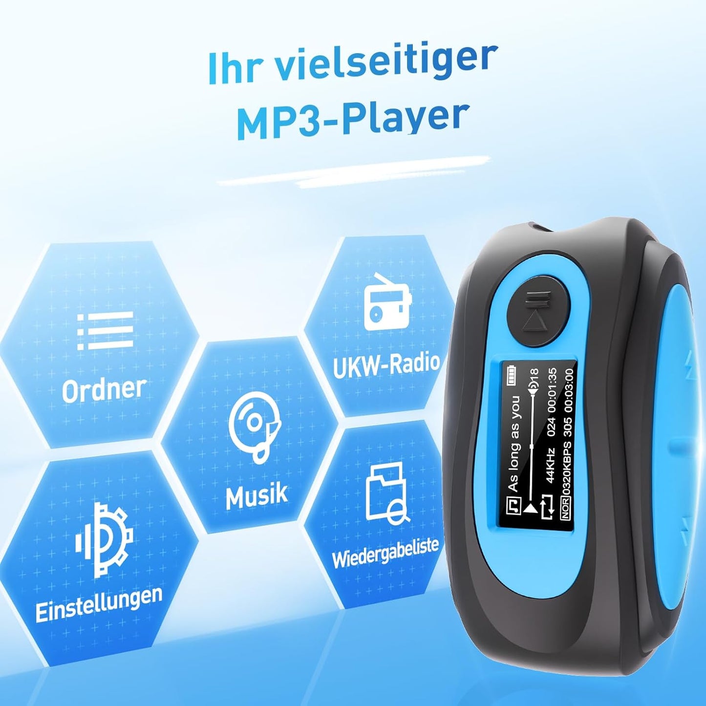 AGPTEK IPX8 Waterproof Mp3 Player with Screen, Multi-Functional Clip Music Player with Waterproof Headphones for Surfing Swimming Water Sports