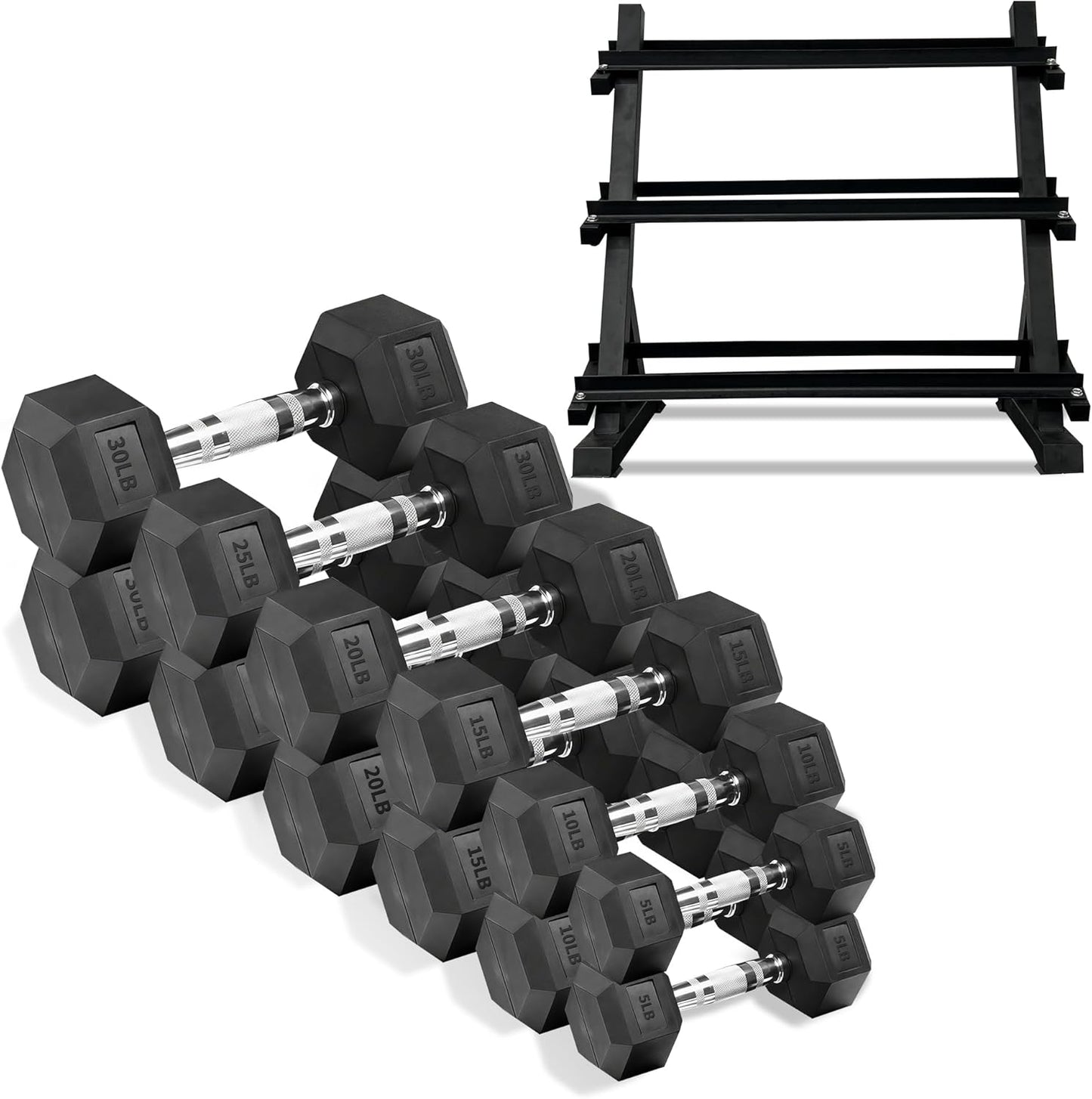 Ritafer 6-10 Pair Hex Rubber Dumbbell Set 350/450 and 550 lbs（5-50 lbs ）Hand Free Weight for Strength Coated Encased Iron Weights with Dumbbells Storage Rack Home Gym