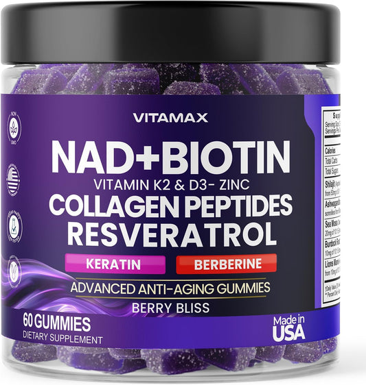 NAD+, Resveratrol, Berberine, & Biotin Anti-Aging Gummy - Hair, Skin, Nails & Joint Supplement - Collagen Peptides, Keratin, Zinc, Vitamin K2 & D3 Gummies -Regeneration- Non-GMO - Made in USA 60 Count