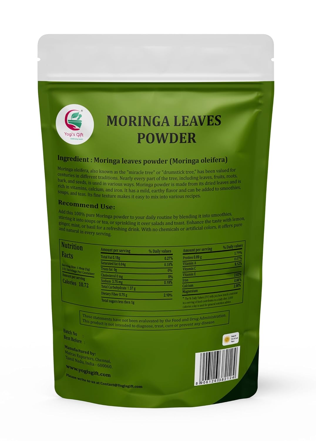 Moringa Powder 1 LB, 100% Pure & Natural Moringa Leaf Powder, Premium Quality for Smoothies & Tea, Resealable Bag for Freshness - By Yogi’s Gift®