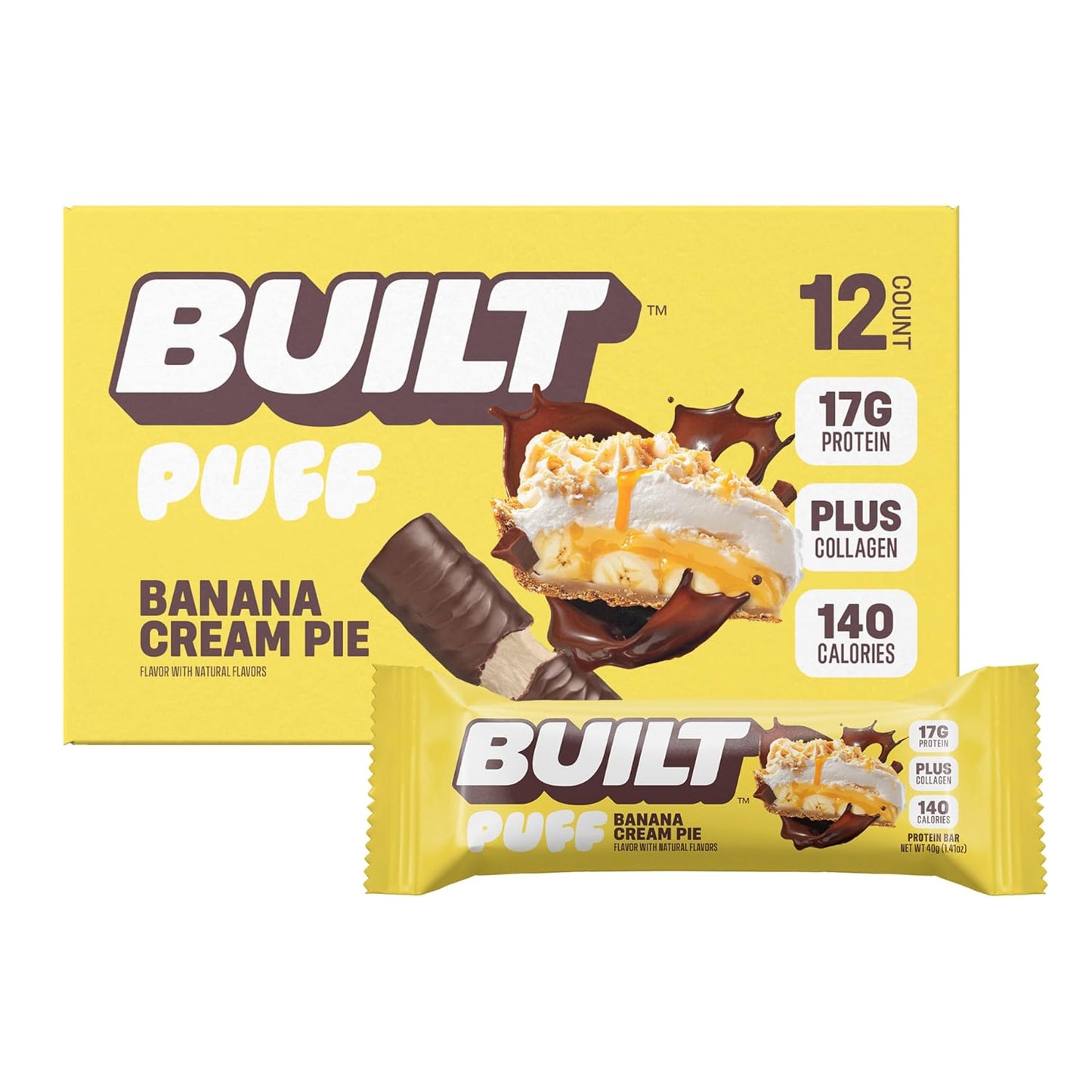 Built Bar, Puff Protein Bars, Banana Cream Pie Puff, 17g Protein Snacks, On-The-Go Bars, Only 140 Calories, 6g Sugar, Collagen, Gluten Free, 12 Count