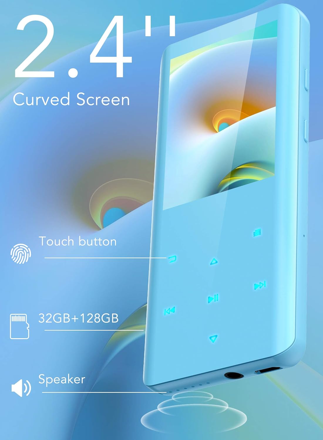 MP3 Player with Bluetooth 5.3, AGPTEK A19X 2.4" Curved Screen Portable Music Player with Speaker Lossless Sound with FM Radio, Voice Recorder, Built in 32GB, Supports up to 128GB, Blue